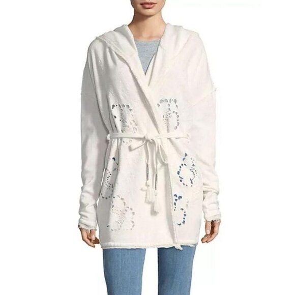 Free People Sweaters - Free People Ivory White French Terry Boho Oversized Hooded Wrap Cardigan Jacket